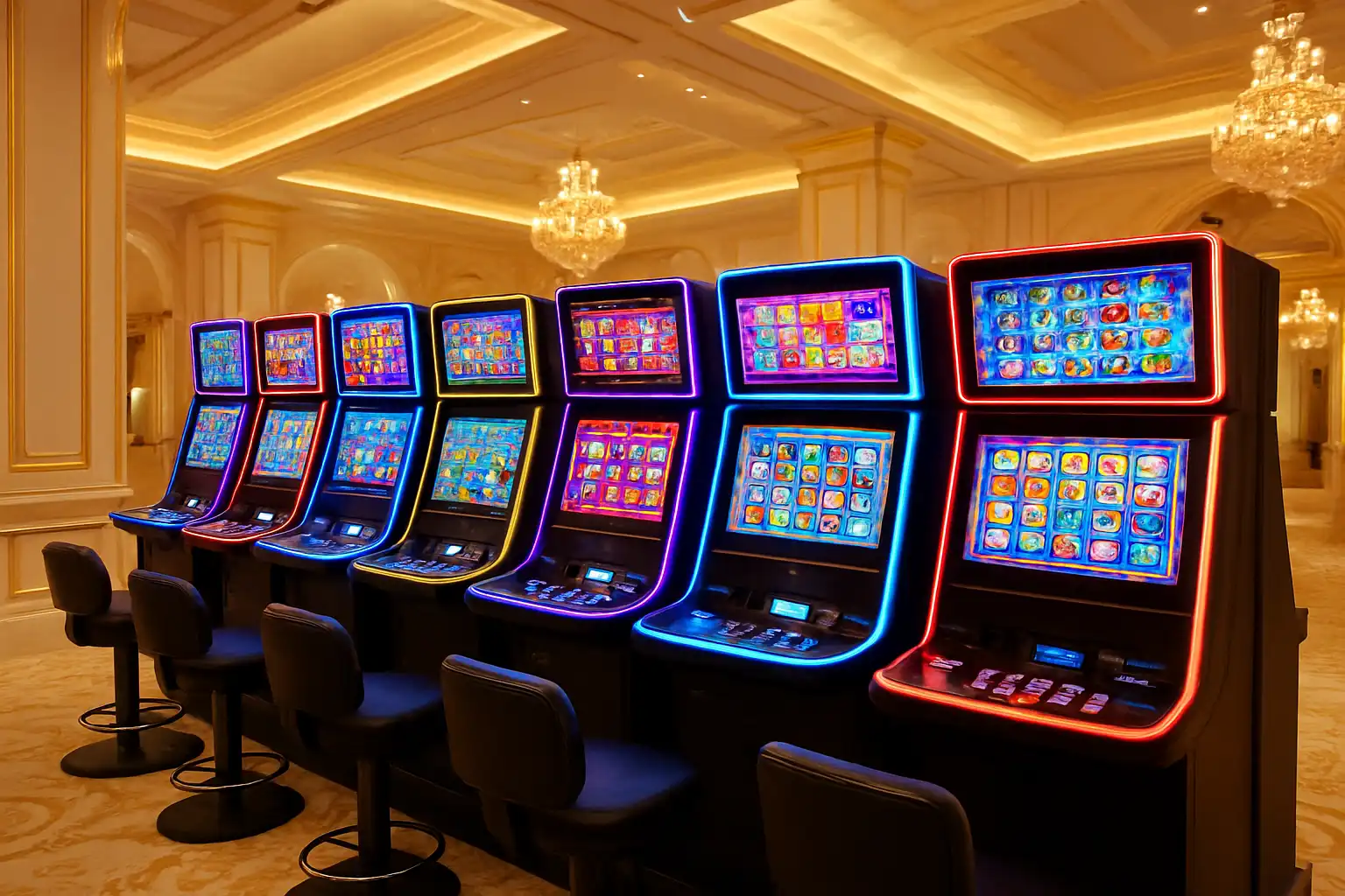 Colourful slot machine reels lined up in the Spinloots Casino games lobby